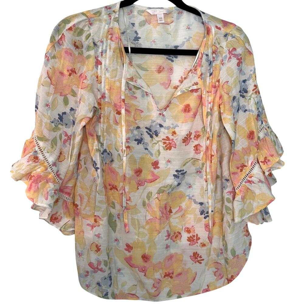 Lauren Conrad Womens XS Top Blouse, Floral 3/4 Butterfly Sleeve Peach Rayon Boho